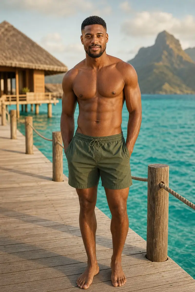 A man in olive swim shorts on a wooden dock
