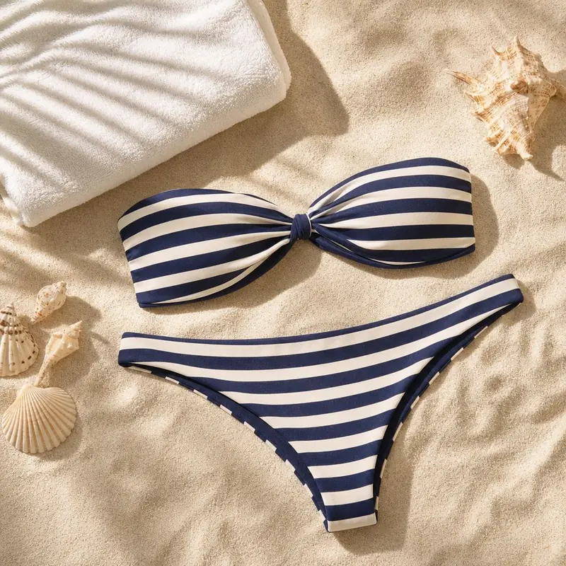 A navy and ivory Breton-stripe swimsuit laid on linen
