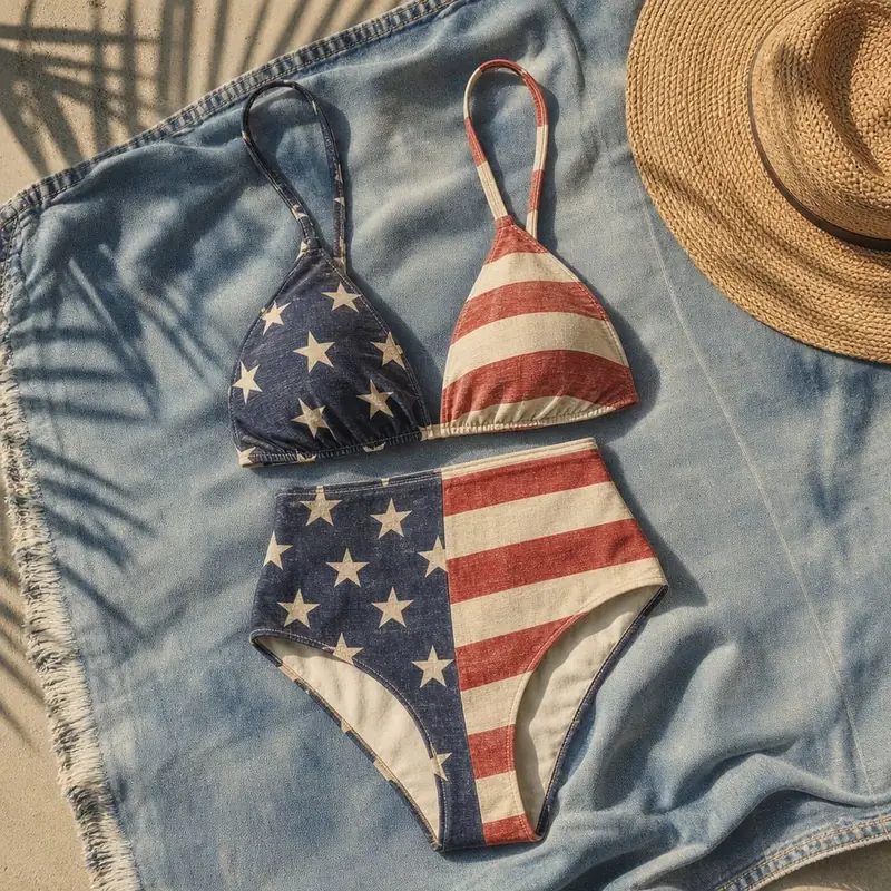 A vintage stars-and-stripes bikini on a denim blanket