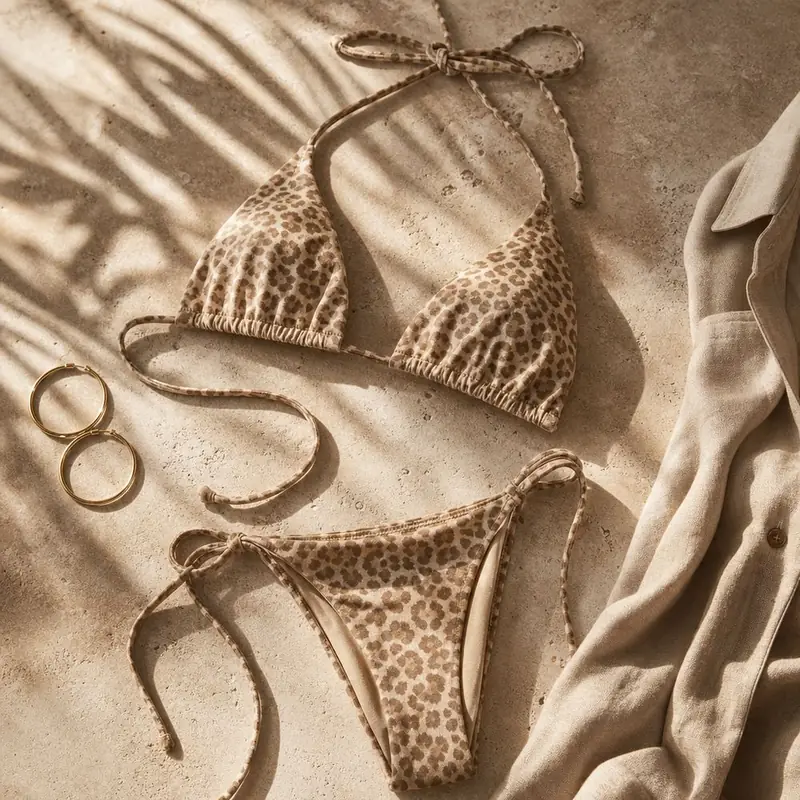 A tonal leopard-print string bikini on travertine