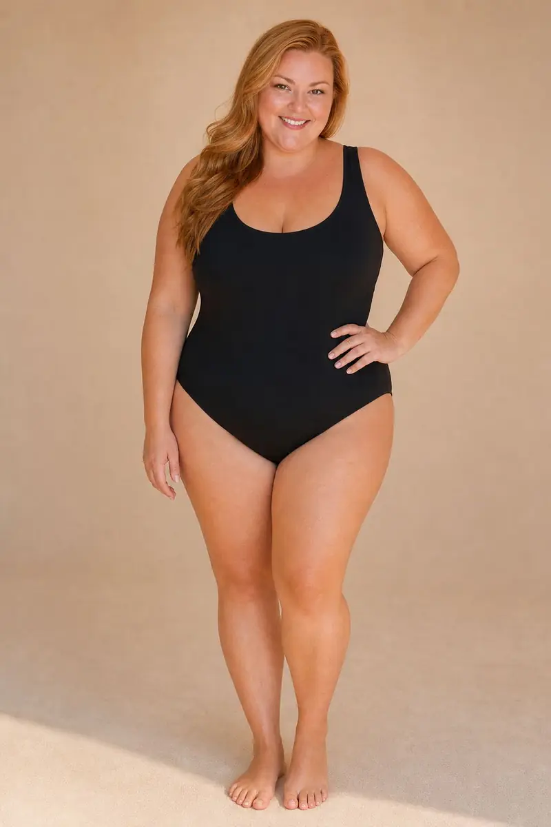 A woman in a black one-piece swimsuit